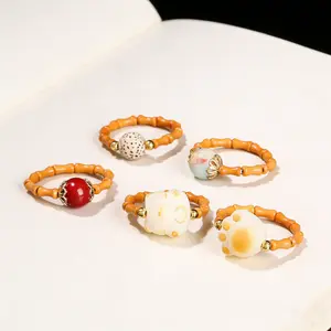 New Chinese Style Bodhi Ring Elegant Beads Jewelry Charm Olive  Bamboo Natural Stone Ring for Women Gifts