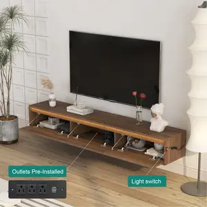 Floating TV Stand, Wall Mounted TV Shelf with Led Lights & Power Outlet,High Gloss TV Cabinet for Wood tv Stands for Living Room