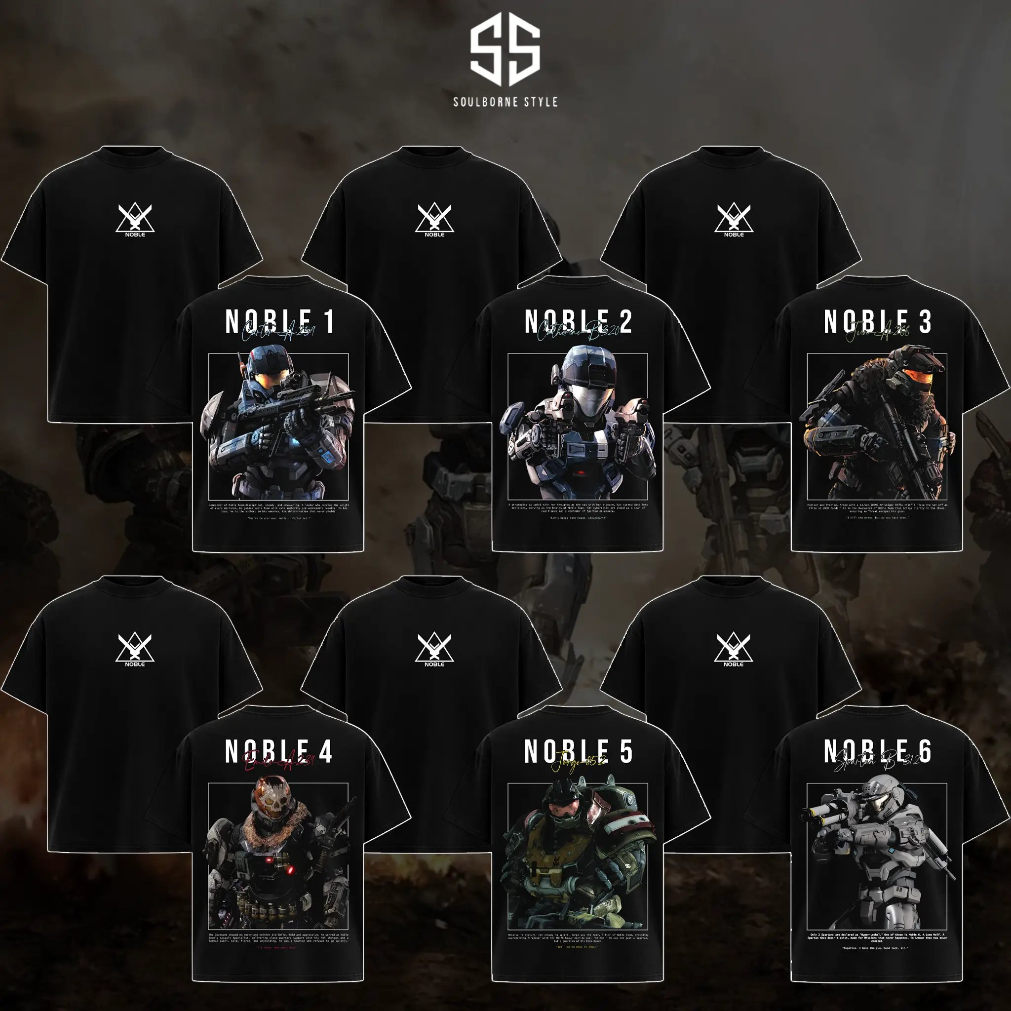 [Soulsborne Style Collection] Vintage Noble Team Halo Reach Unisex T-shirt, Retro Sci-fi Gaming Apparel, Spartan Core Shirt Hoodie, Video Game Clothes, Reach Commemorative Merch, Gift For Him, Gift For Her, Cotton Y2k Streetwear Black Casual