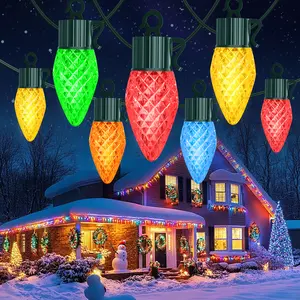 C9 Christmas String Lights, Waterproof IP44 Plug-in Strawberry String Lights on Green Wire with Multiple Color Changes for Outdoor Christmas Tree, House Roof, Roofline, and Party Decorations Ornaments RGBIC Outdoor Smart LED Lights