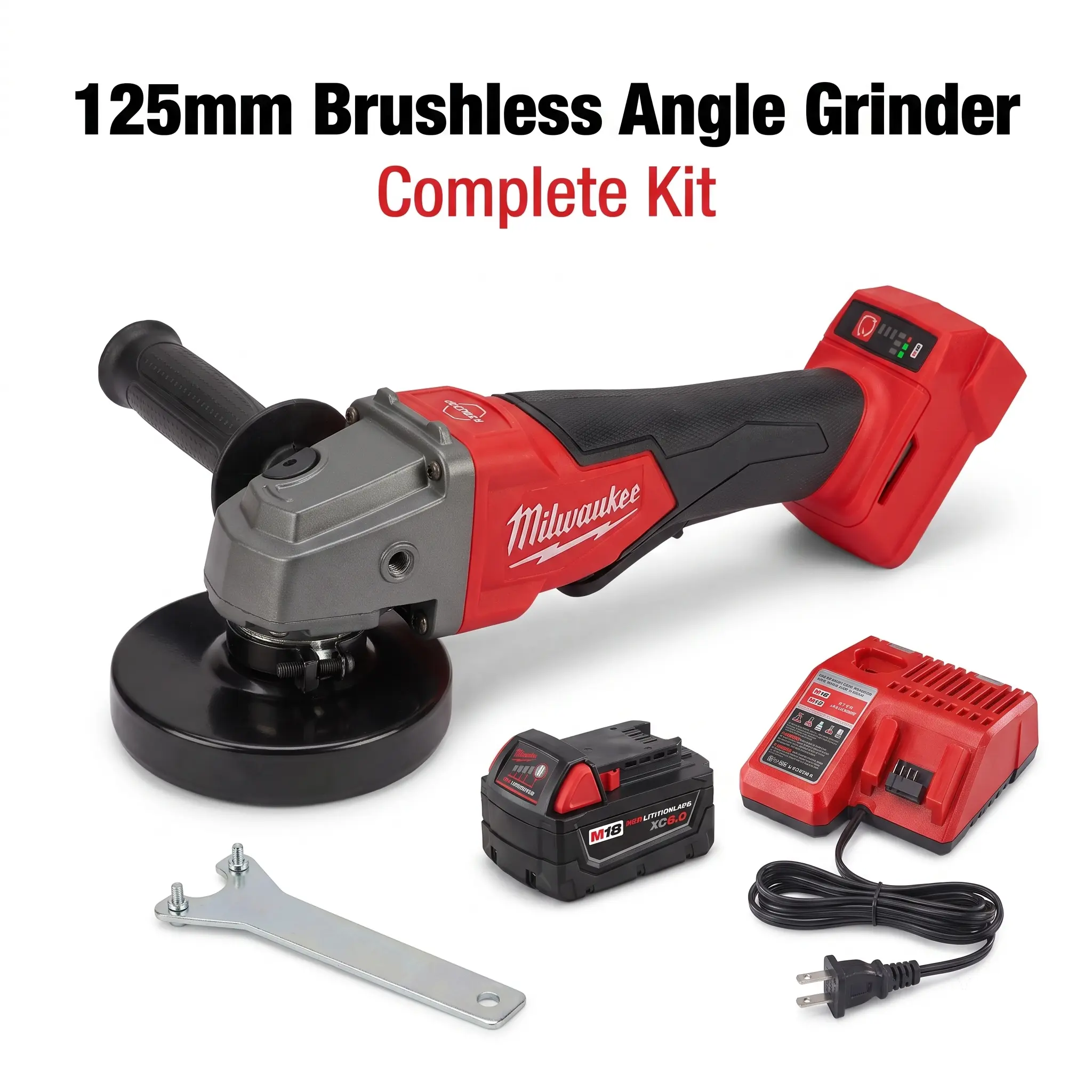Milwaukee 125mm Cordless Brushless Angle Grinder - M14 Spindle, 9500rpm Output, Electronic Brake - for Heavy-Duty Construction, Truck Maintenance, Rust Stripping (Includes XR Max Impact Wrench, Hog Ring Anvil, Mini Electric Drill, Lug Nut Remover)