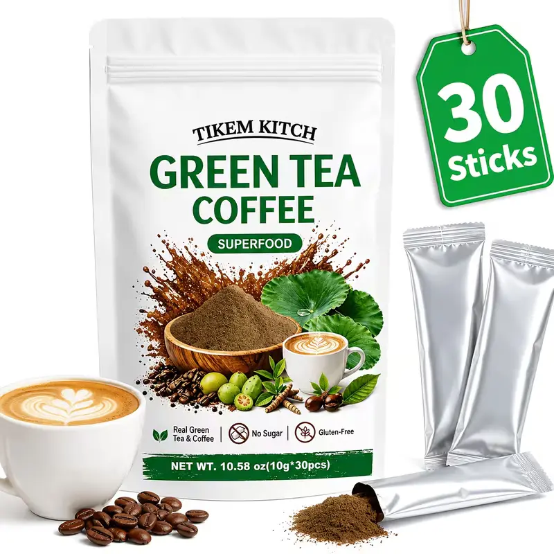 10.58 oz / 300g Green Coffee Bean Instant Drink Powder, 30 Sachets, Premium Coffee Blend with 10 Ingredients, Sugar-Free Instant Beverage Mix