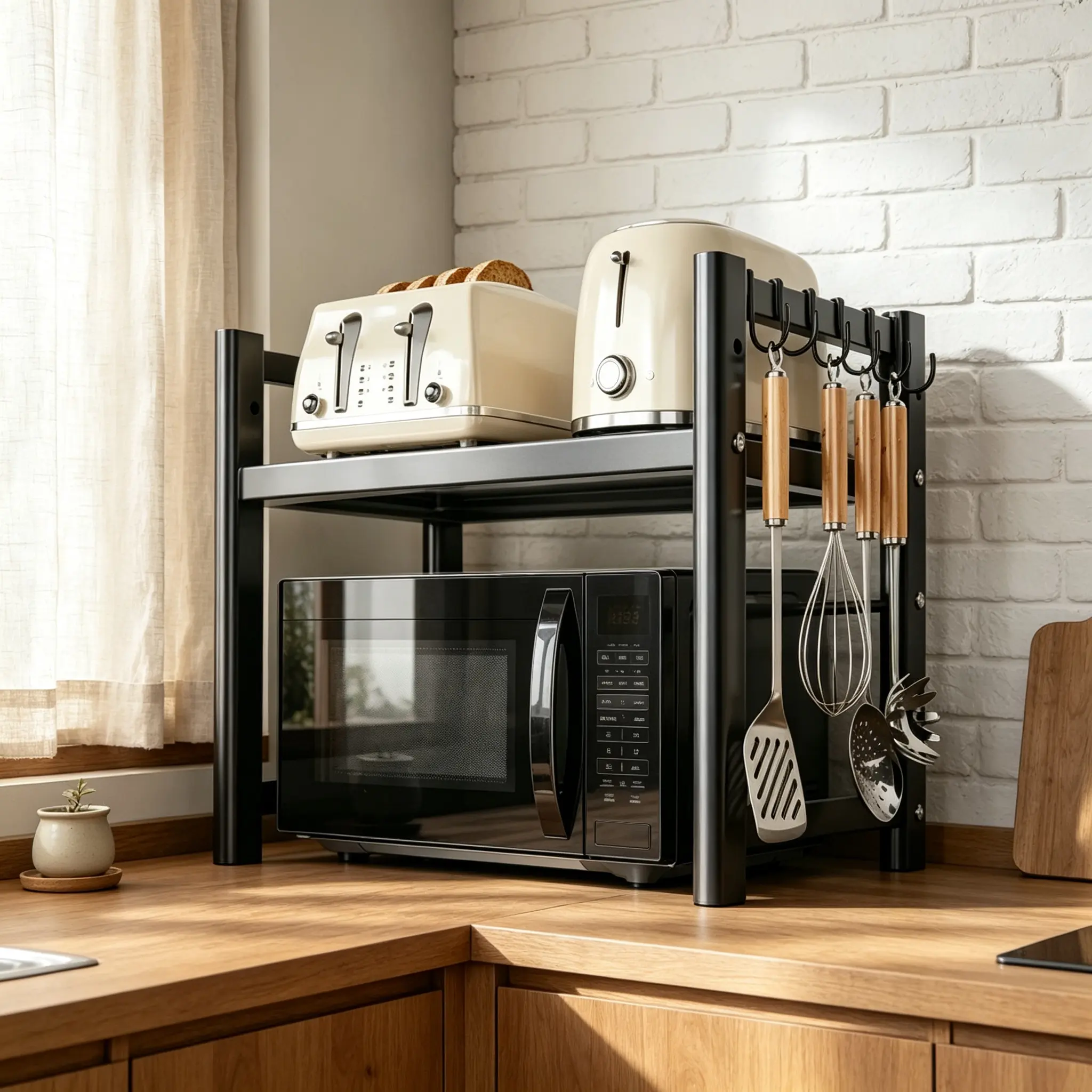 Adjustable Kitchen Countertop Microwave Oven Rack, 2-Tier Stainless Steel Kitchen Storage Organizer with Hooks, Space Saving Counter Stand for Air Fryer, Toaster & Small Appliances