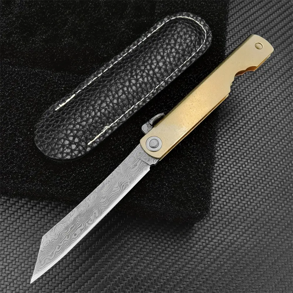 High-hardness, portable folding knife with Damascus steel blade and copper alloy handle, featuring a PU leather sheath. A high-quality, durable tool for camping and hiking, a survival hand tool, and a pocket knife for outdoor fishing.