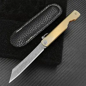 High-hardness, portable folding knife with Damascus steel blade and copper alloy handle, featuring a PU leather sheath. A high-quality, durable tool for camping and hiking, and a pocket knife for outdoor fishing.