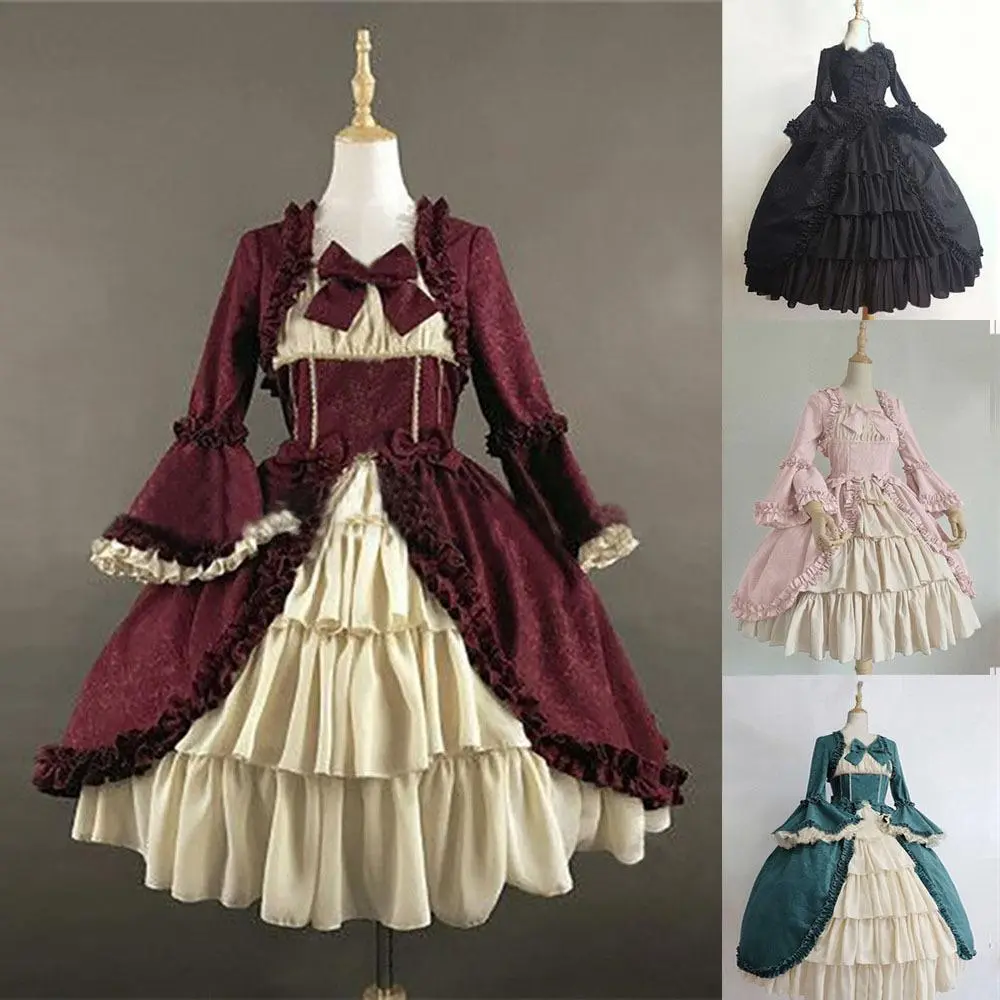 2026 Medieval Gothic Court Lolita Dress, Square Neck Bell Sleeve Bow Tiered Vintage Ball Gown