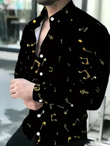 Black Long Sleeve Shirt with Music Note Print, Men's Fashion Casual Shirt, Trendy Versatile Top