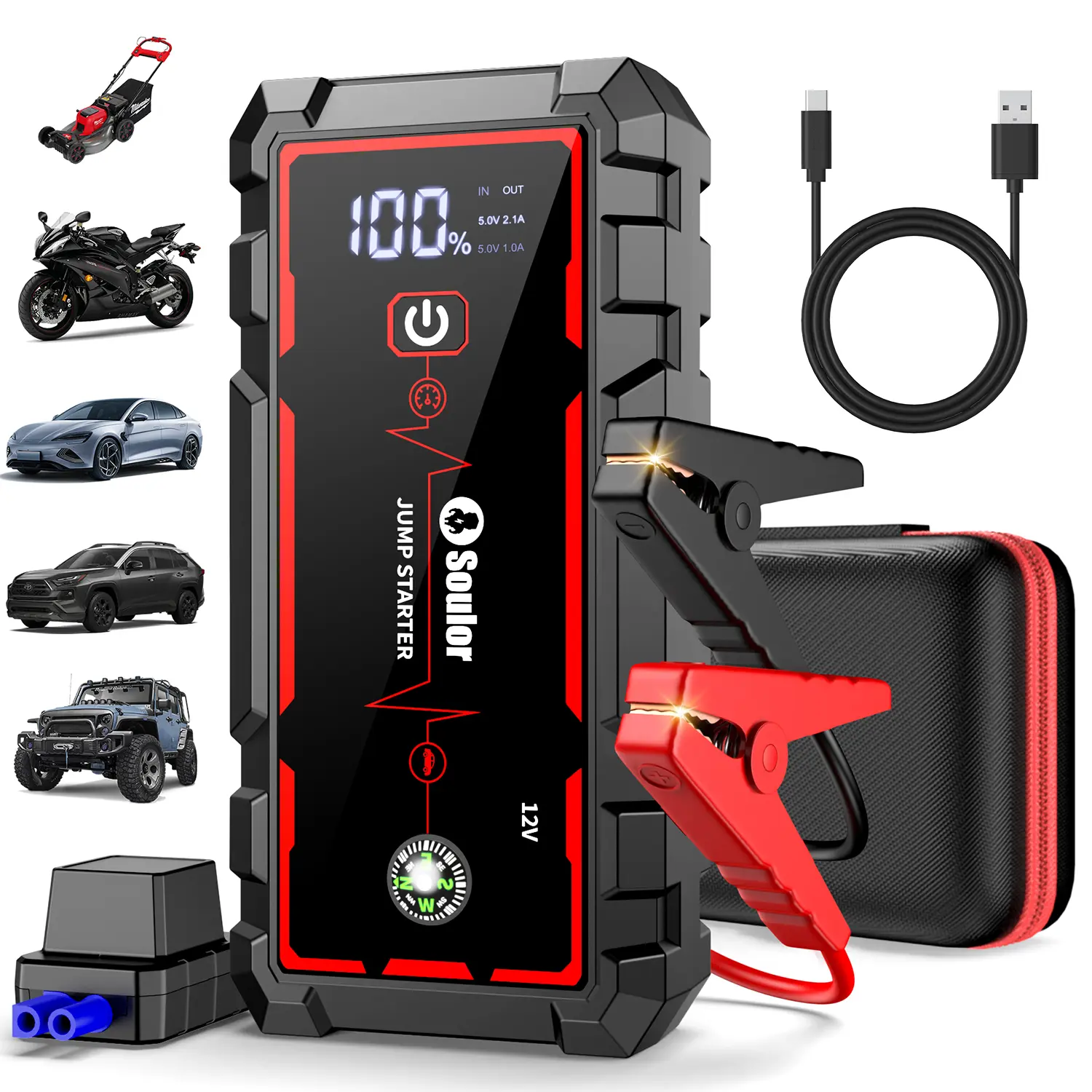 Soulor 3000A Portable 12V Car Jump Starter Battery Booster Power Bank with Smart Jumper Cables, LED Flashlight, LCD Display, USB-C Fast Charging for Cars, SUVs, Trucks
