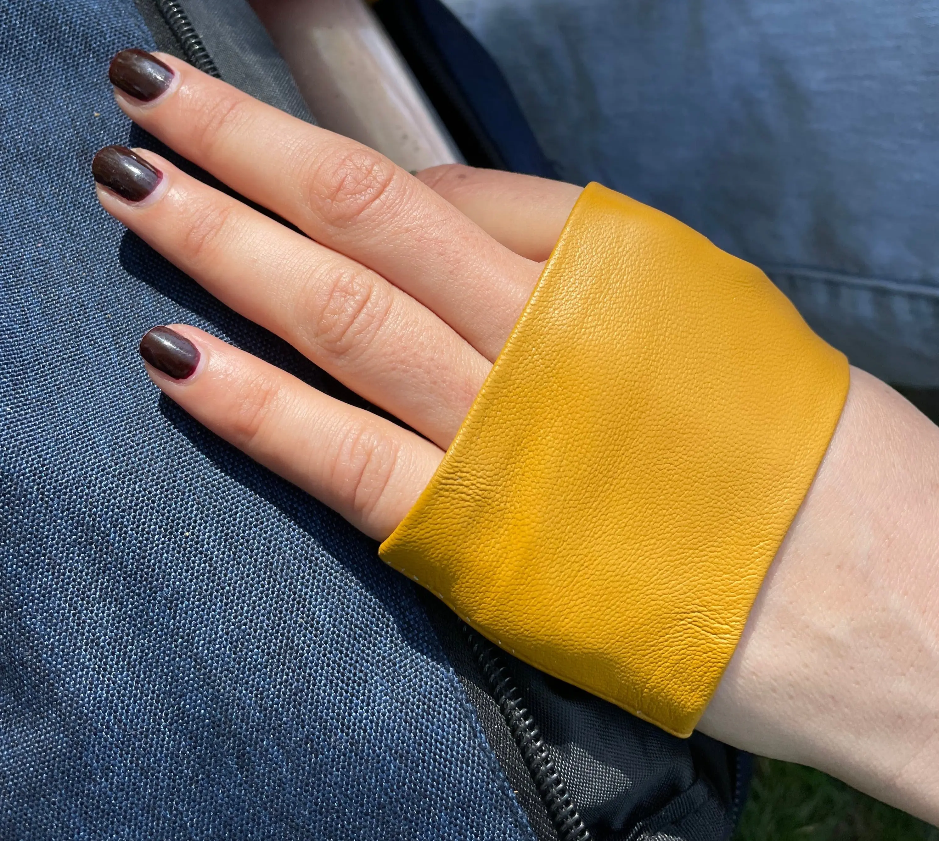 Women's Handmade Fingerless Gloves, Soft Leather Mini Style in Mustard Yellow, Chic Edgy Accessory for Festivals & Concerts, Handmade Craft, Mini Sized Products, Casual Chic Outfits, Hand Wash Only, Do Not Wash, Female