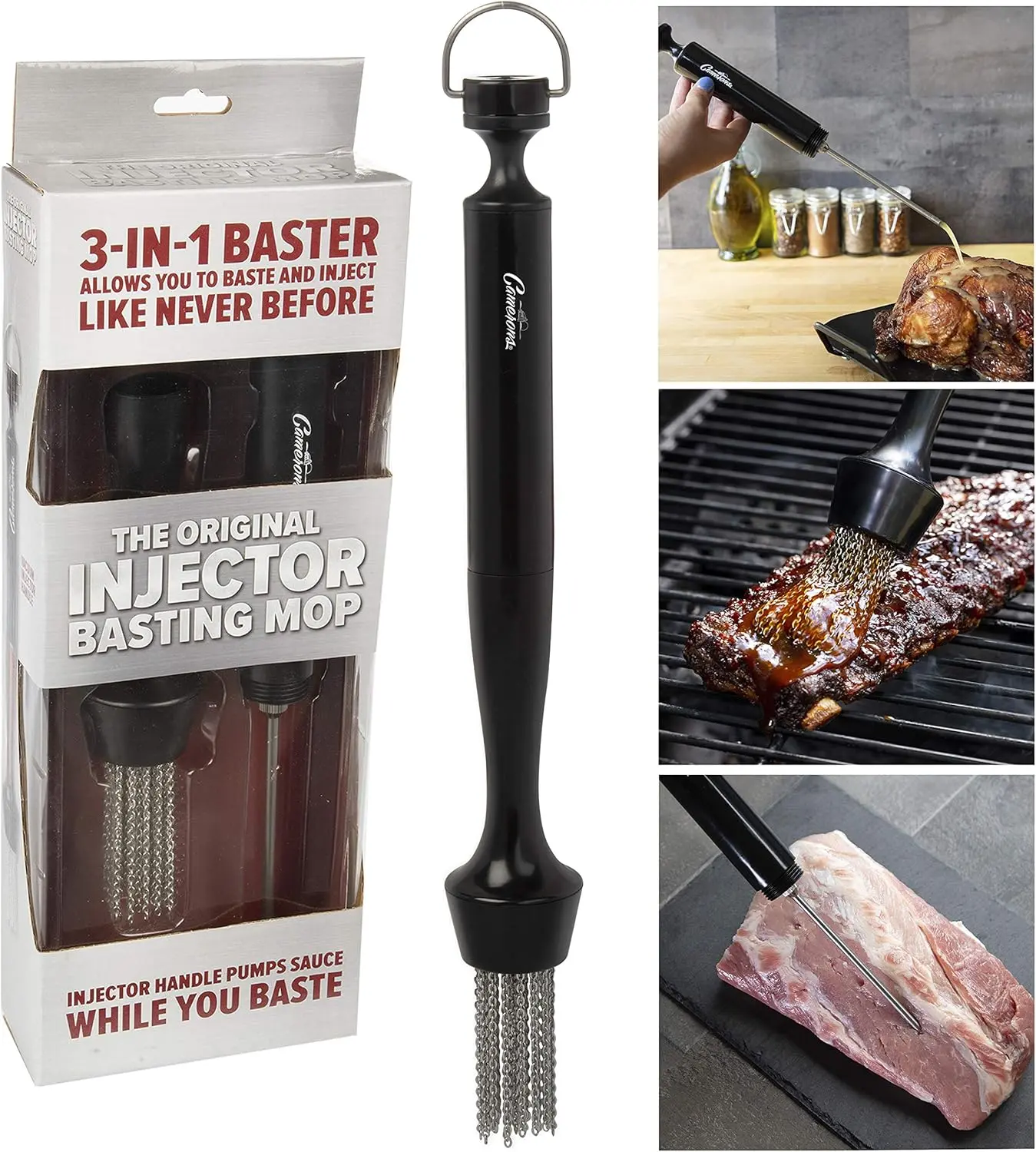 Camerons 3-in-1 Injector Basting Mop - Includes Chain Mop, Meat Marinator, & Barbecue Baster - BBQ Grill or Kitchen Use