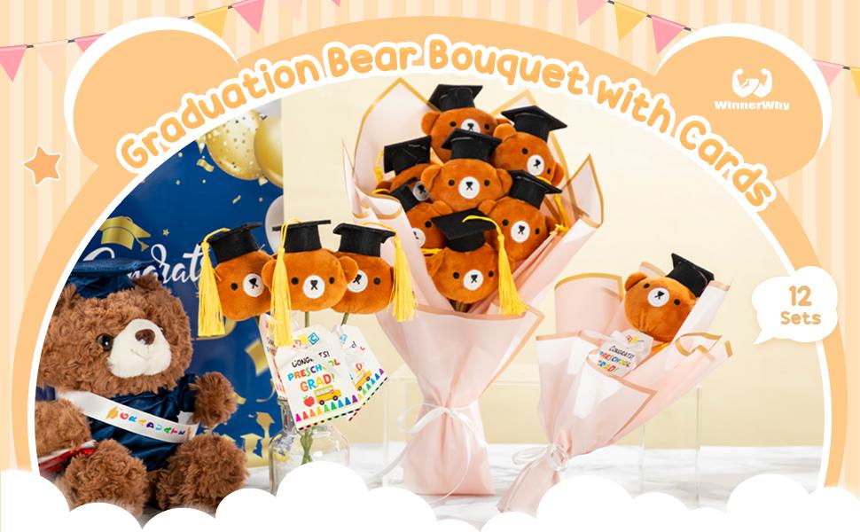 12 Sets Graduation Bear Bouquet Gifts DIY Mini Graduation Bears Bouquet Kits Kindergarden Preschool End of Year Gifts for Students 2026 Grad Party Table Decor Keepsake Photo Props Vase Filler