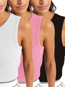 Womens Sleeveless Racerback High Neck Casual Basic Cotton Ribbed Fitted Tank Top Womenswear