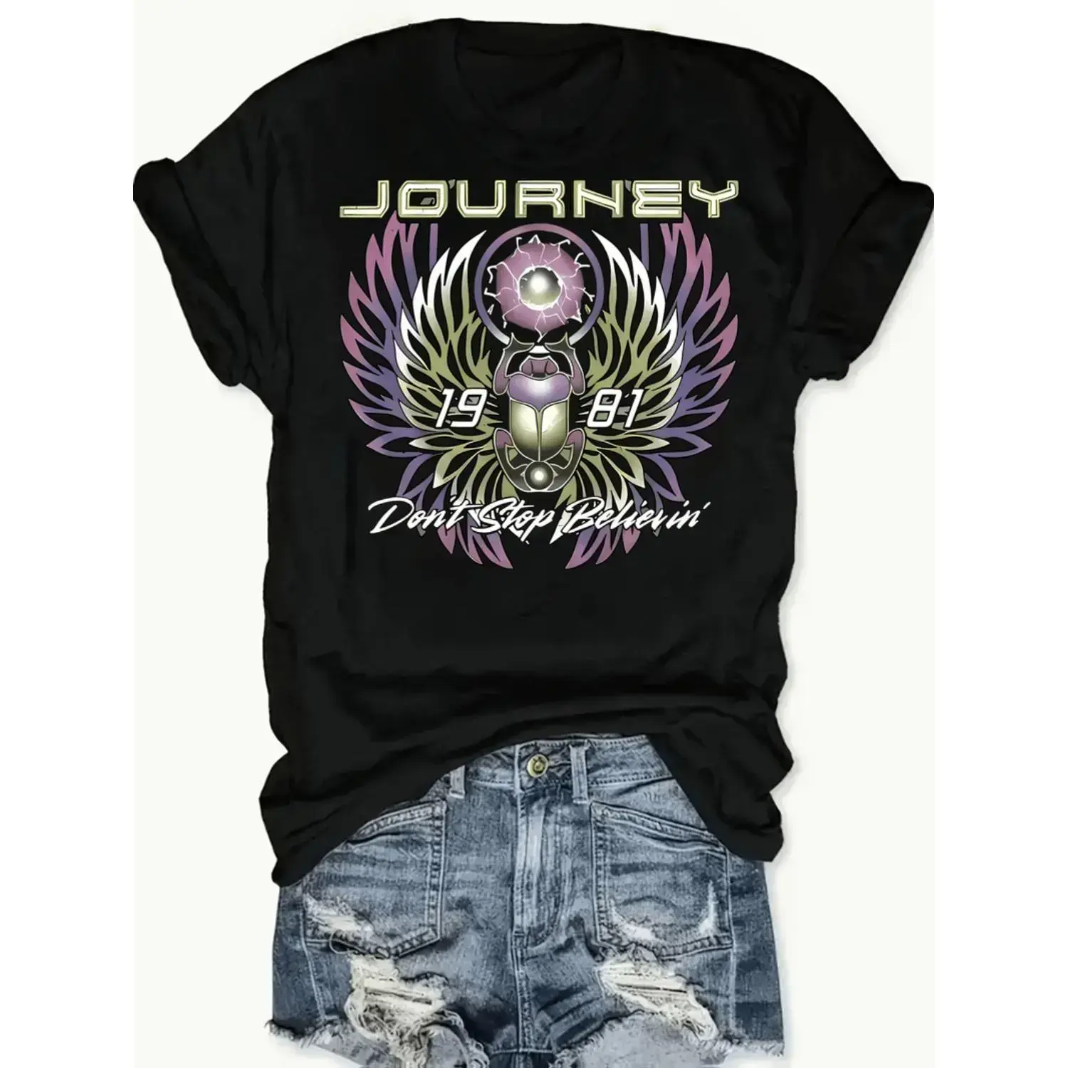 [100% Cotton] Women'S Retro Rock Band Graphic T-Shirt - Journey Never Stop Believin' Print, Short Sleeve, Crew Neck, Casual SpringSummer Top, Casual Wear    Band Design Tee    Graphic Print Te T-Shirt For Men And Women