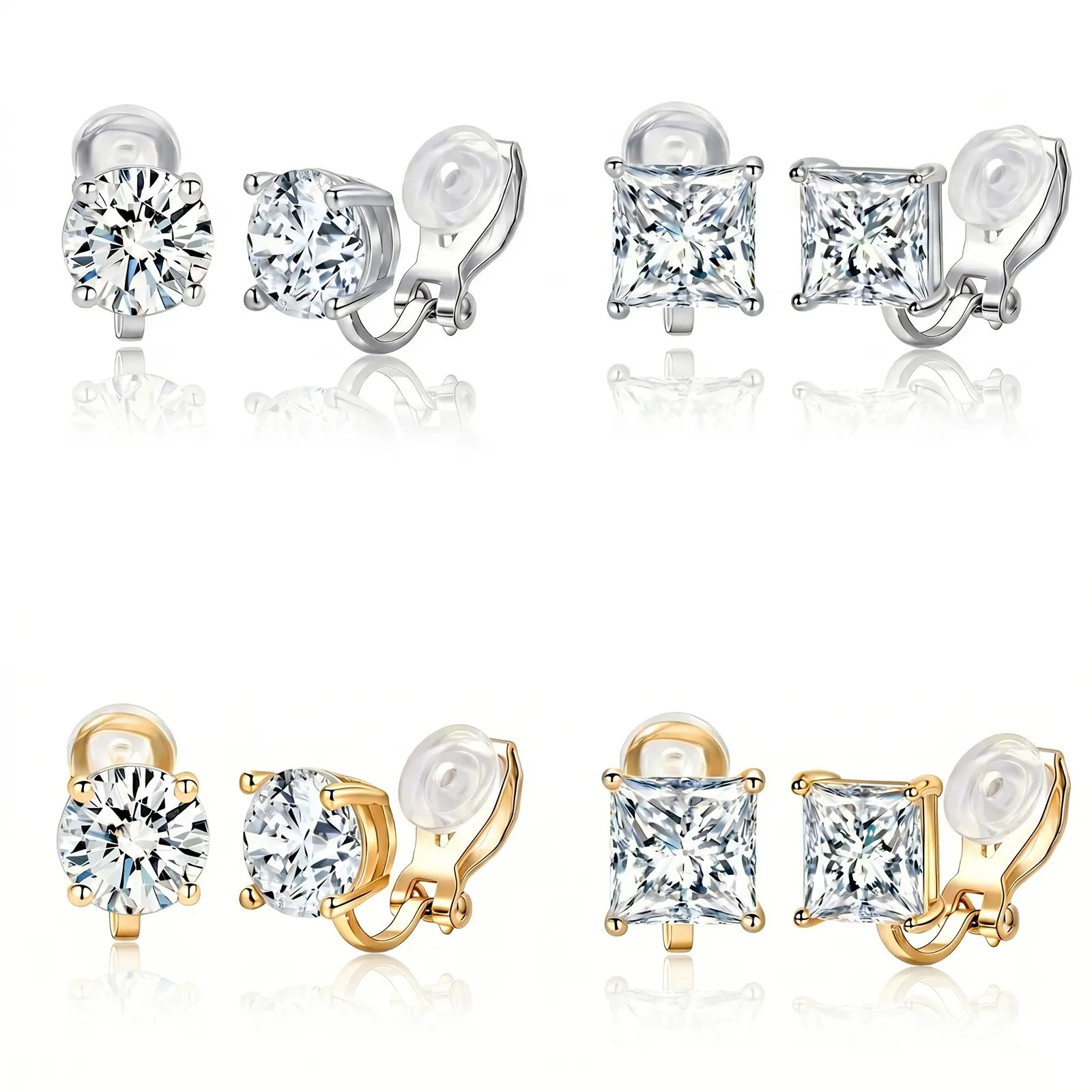 Cubic Zirconia Clip on Earrings for Women Hypoallergenic Comfortable Non Pierced Stud Earrings, 14K Gold Plated Silver and Gold Clip-on Earrings