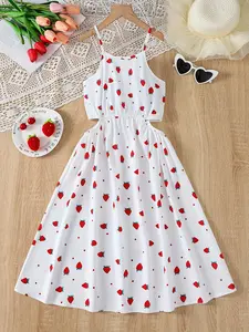 Summer Strawberry Print Straps Cute Dress Casual Hollow A-Line Skirt for 5-11Y Kid Girls,Ready Stock 25020065