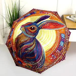1 PC Automatic Folding Umbrella - Colorful Rabbit Mandala Art Pattern, Portable & Foldable Design with 8 Ribs, Merry Christmas Pattern,Casual Outdoor Accessory Halloween and Christmas Birthday Gifts. H00166