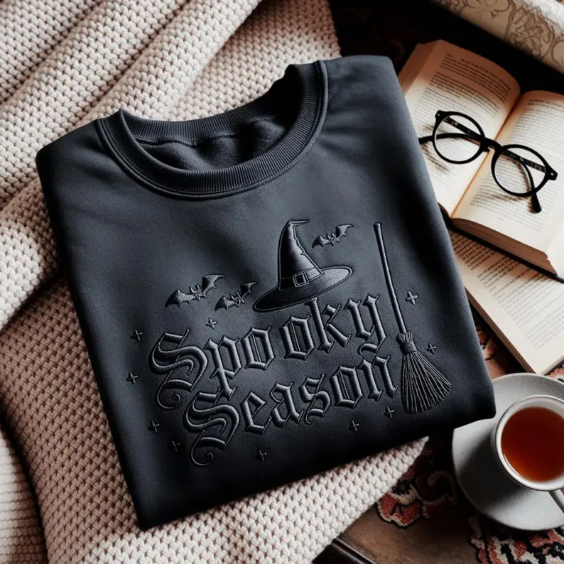 Embroidered Spooky Season Sweatshirt, Women's Halloween Embroidered Crewneck, Cute Ghost Fall Sweater, Cozy Autumn Unisex Pullover, Minimalist Halloween Apparel