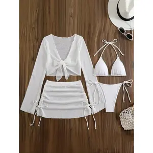 Women's 4-Piece Swimsuit Set, Plain Off-Shoulder Bikini, Transparent Mesh Skirt, High Elastic Fabric, Swimming Belt Detail, Beach Bikini, Swimsuit Style Bikini