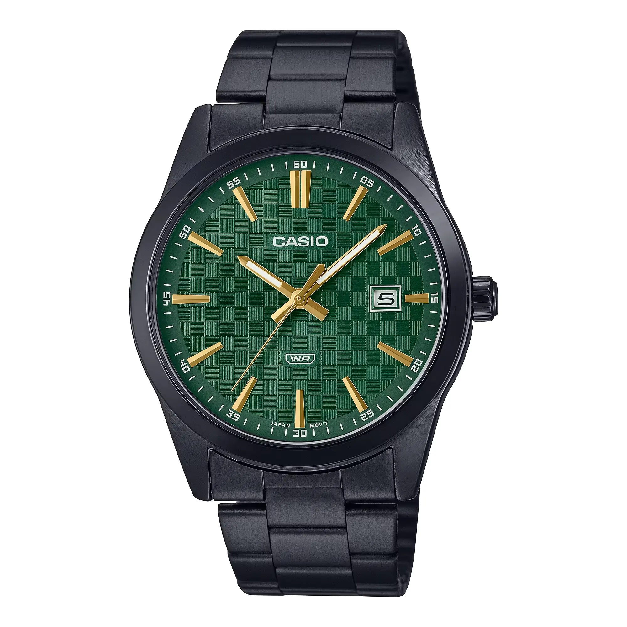 Casio Men’s Black Stainless Steel Watch with Green Dial - MTP-VD03B-3AUDF