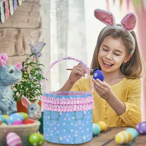 Plaid Double Layer Lace Easter Basket with Bunny Floral Print & Soft Handle for Kids Adults Easter Eggs Candy Toys Party Favors Gift Basket