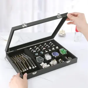 Velvet Jewelry Box for Necklaces, Rings, Earrings, Pendants, Watches - Display Storage Tray with Transparent Lid, Dust-Proof Jewelry Keeper Case (Black, Green, White)