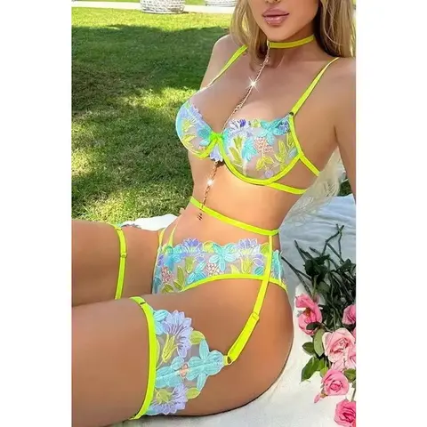 Bountiful Bouquet Green Gartered Lingerie Bra Set