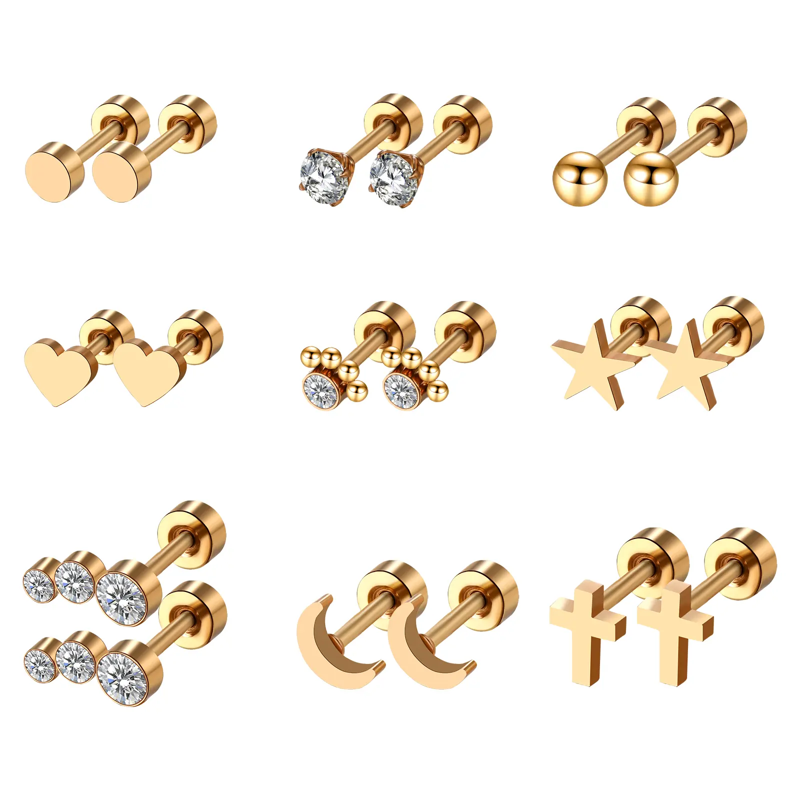 OIDEA 9 Pairs Gold Flat Back Earrings for Women, Hypoallergenic 316 Stainless Steel Studs with Moon & Cross Charms, 17G (1.1 mm) Post for Helix Piercing Jewelry