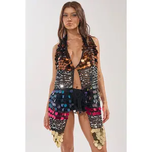 SHAKE IT GIRL CROCHET SEQUIN TOP IN BLACK