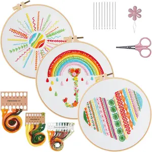 SQ-HDJ041 Easy Embroidery Kit for Beginners Stamped Embroidery Starter Kit DIY Sewing Needlepoint Cross Stitch for Kids & Adults, Stitch Practice Kit 3 Embroidery Fabric Pattern