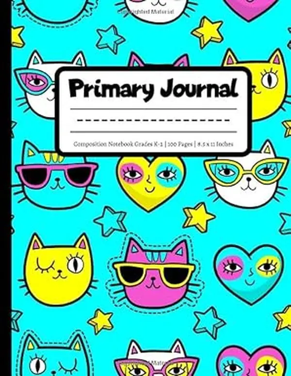 Primary Journal: Composition Notebook | Grades K-2 | Dotted Midlines and Picture Space to Draw Primary Ruled | 100 Pages | Large, 8.5 x 11 Inches | Neon Cats