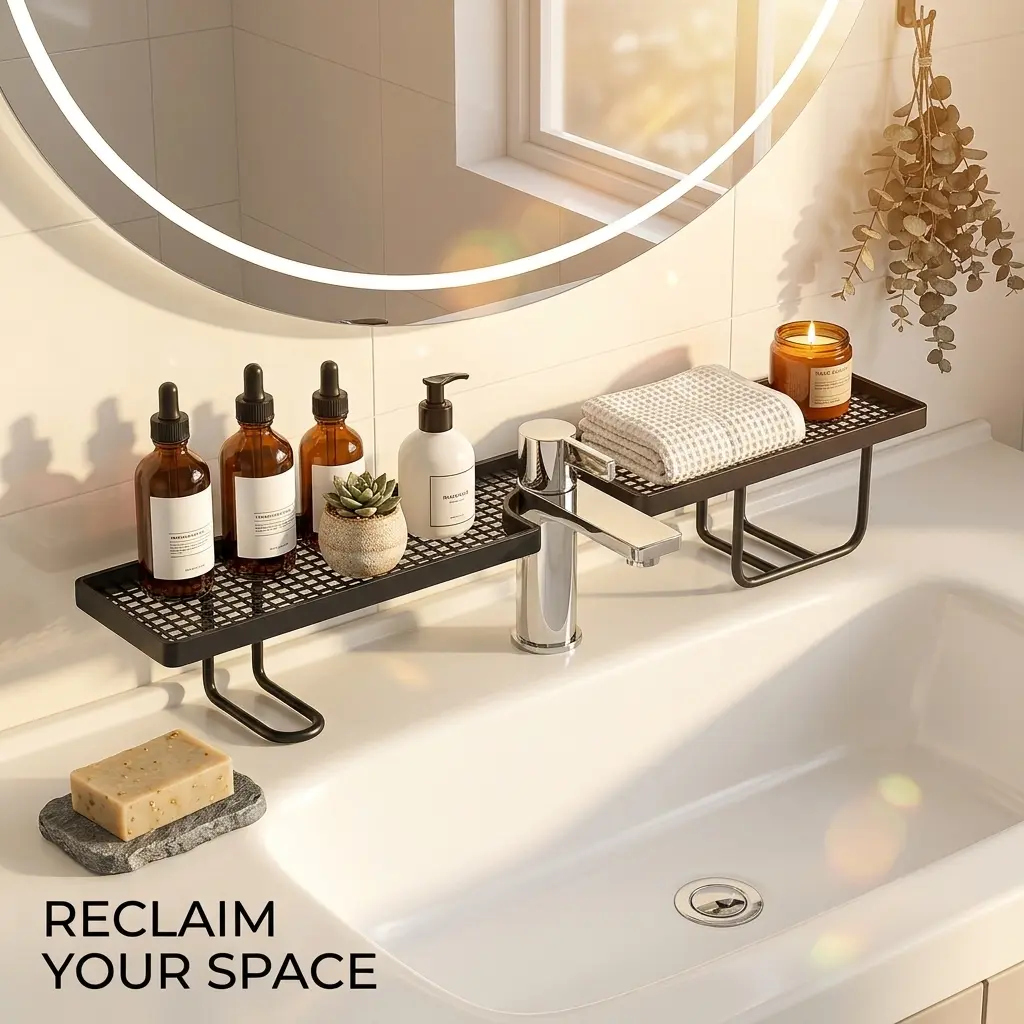 Summer Vibes High-funky Capacity Bathroom Shelf | Black Bathroom Accessories | No-Drill Storage Rack| bathroom storage rack | Rustproof Faucet Caddy | Sink Drain Rack — 19.7 × 4.3 in