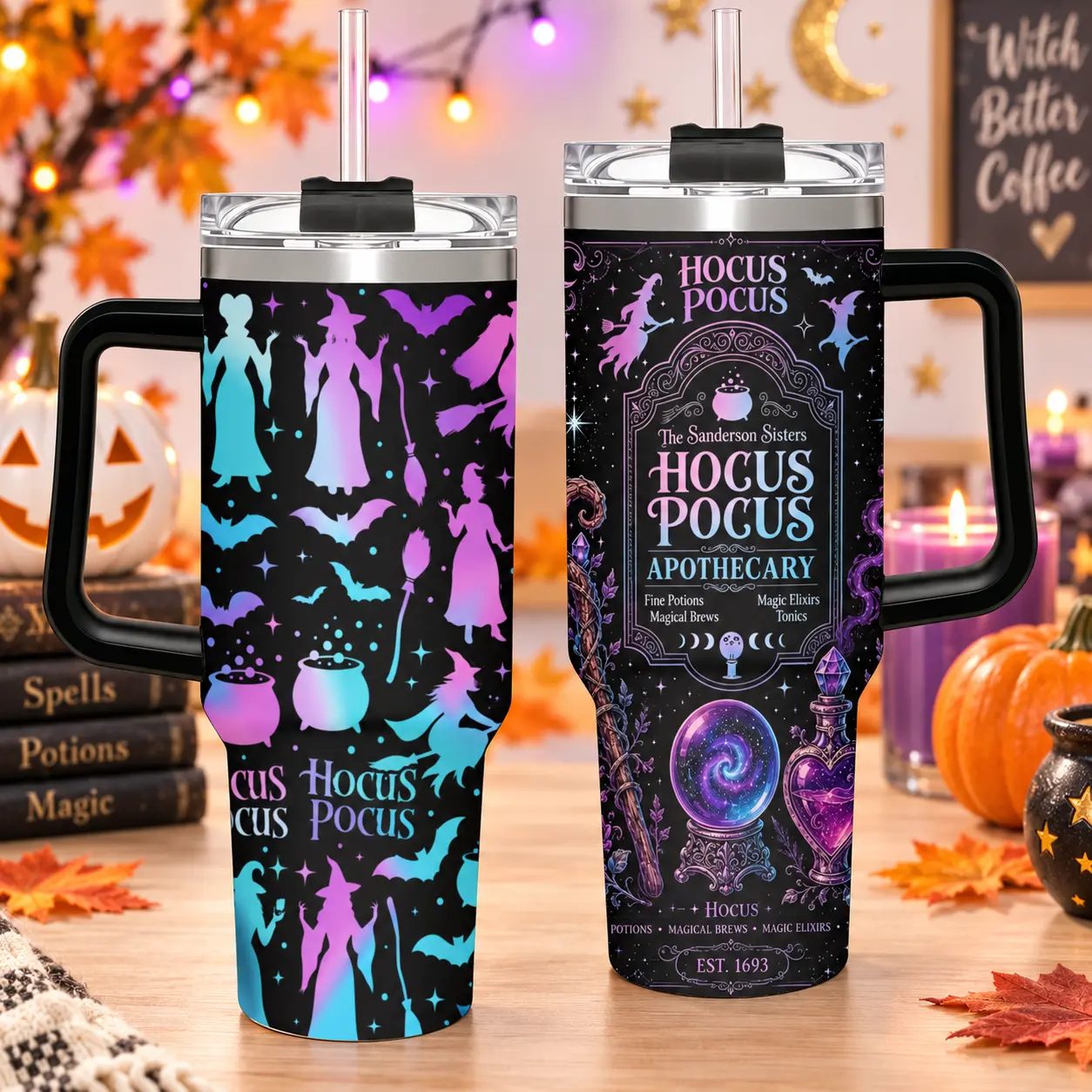 Halloween Tumbler, Hocus Pocus Apothecary Tumbler with Handle, Sanderson Sisters Magic Potion Design Cup, Spooky Halloween Travel Mug, Halloween Gift, Witchy Aesthetic Gift, 40oz Stainless Steel Tumbler