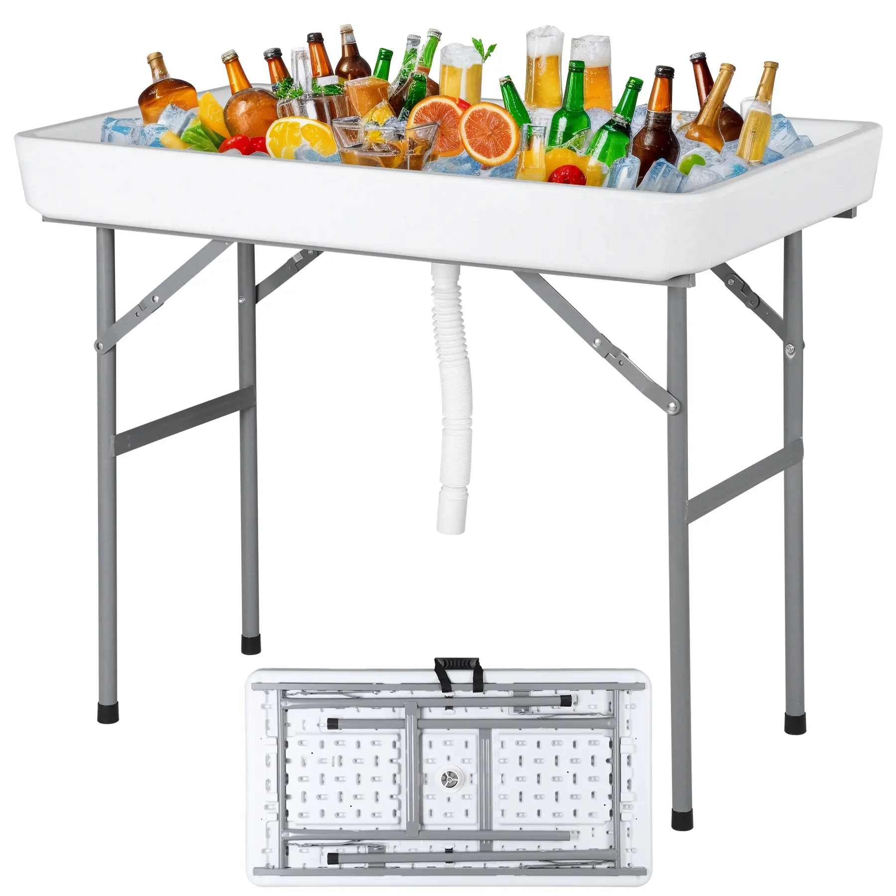 Answer E Portable Folding Ice Cooler Table, 40.5" x 22" Chill Table with Deep Basin, 5L Collapsible Bucket & Drain Hose, Detachable Skirt - HDPE Party Ice Table for BBQ, Picnic, Party (440 lbs Capacity)