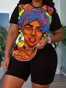 Plus Size African Art Print Set, Womenswear Summer Short Sleeve T-Shirt & Shorts Two-Piece, Casual Loose Fit Homewear, All over Print, Casual Outfits Women