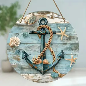 Nautical Anchor Pattern Wall Decor Plaque, Classic Wooden Circular Sign, Wall Decor for Home Living Room Bedroom