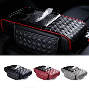 Car Center Console Armrest Pillow, Memory Foam Auto Armrest Box Cover with Cup Holder & Tissue Box, Waterproof Leather Arm Rest Protector Cushion, Car Accessories Diamond Pattern