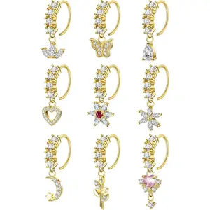 9 count 20G 316L Stainless Steel Dangle Nose Ring for Women CZ Heart Evil Eye Dangling Nose Hoop Set  Flower Moon Leaf Dangle Nose
