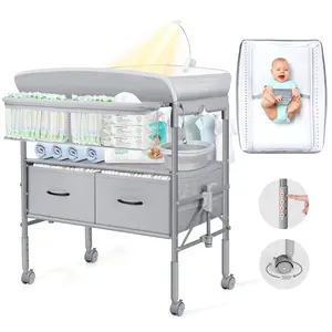 Orzbow Baby Changing Table with Nightlight, Foldable Diaper Table, Waterproof Diaper Changing Station with Safety Belt, 4-Level Height Adjustable and 2 Drawers, Mobile Nursery for Infant and Newborn