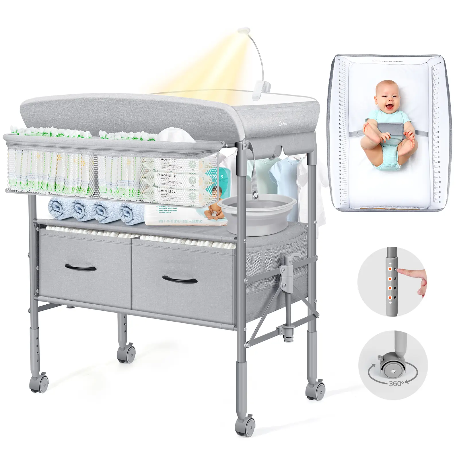 Orzbow Baby Changing Table with Nightlight, Foldable Diaper Table, Waterproof Diaper Changing Station with Safety Belt, 4-Level Height Adjustable and