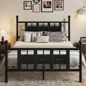 Queen Size Metal Bed Frame with Headboard & Footboard, Vintage Circular Design Platform Bed with Under‑Bed Storage Space, Noise‑Free Bed Frame No Box Spring Needed, Easy Assembly