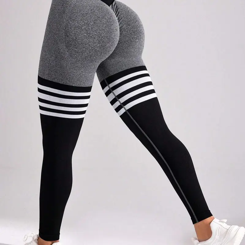 Sporty Women's Striped Print Ruched V-Waist Back Sports Leggings, High Stretch Seamless Yoga Leggings, Ladies Sportswear for Indoor Outdoor Wear