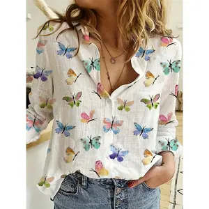 Women'S Casual Butterfly Print Long Sleeve Button-Up Shirt - Vibrant Multicolor Design, Relaxed Fit, Perfect for Spring & Fall, Butterfly Print Blouse