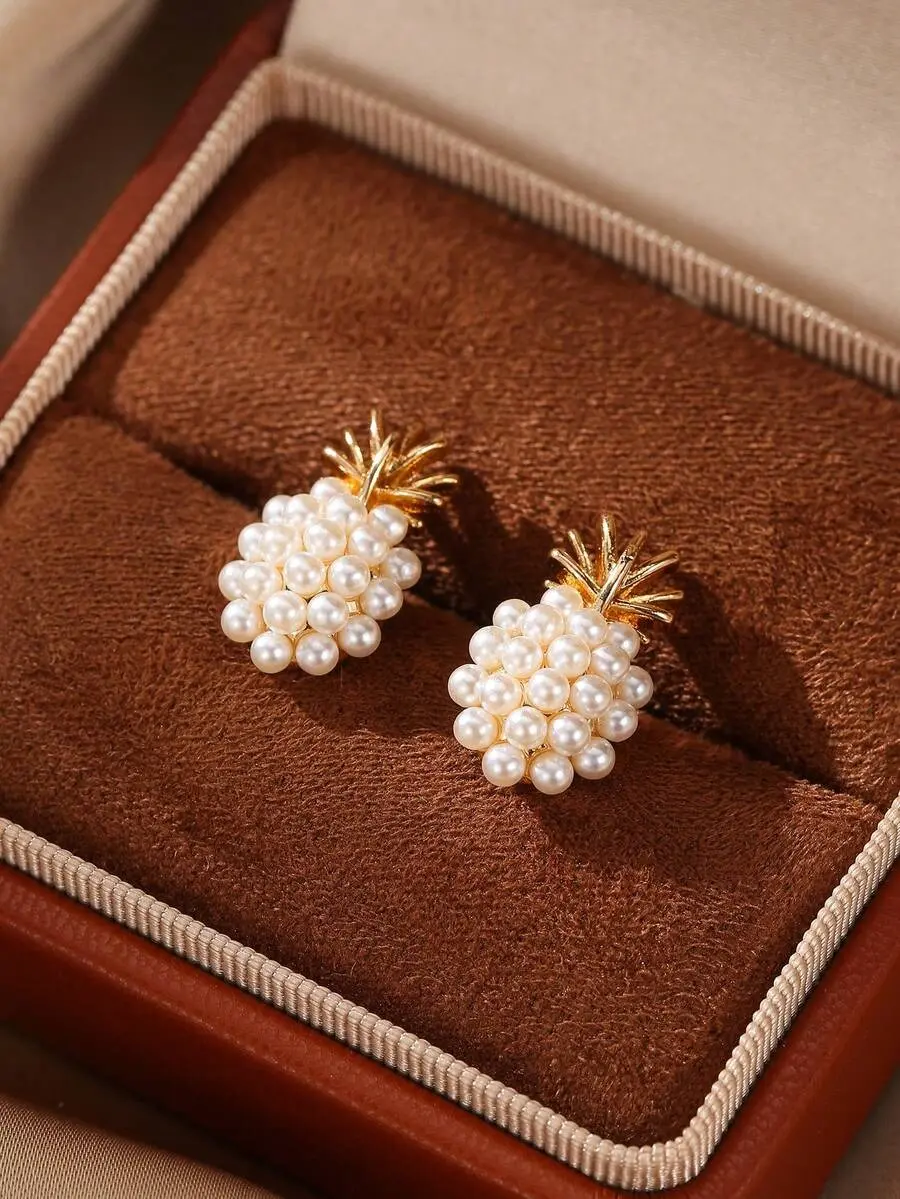 Faux Pearl, Pineapple Design Stud Earrings for Women, Fashion Costume Jewelry Accessories