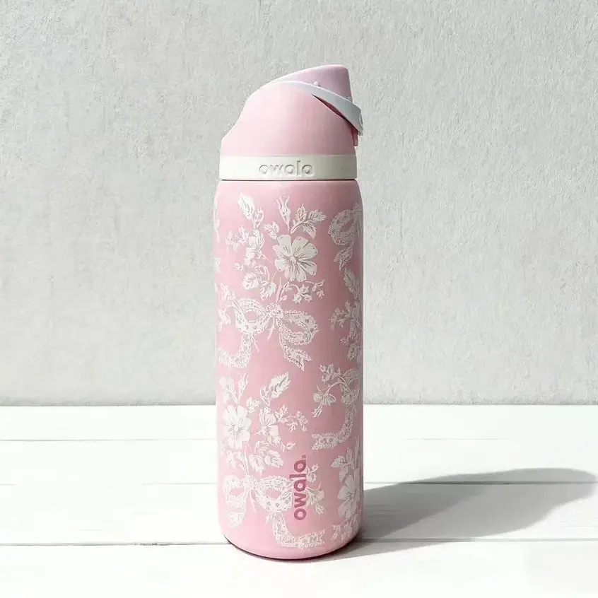 32oz Owala Ribbon Toile Pink Bow Insulated Stainless Steel Water Bottle