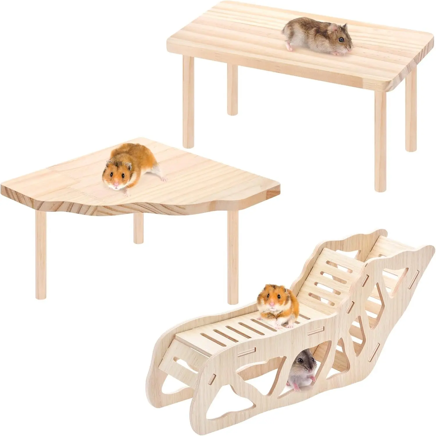 3-Piece Set Hamster Platform Play Wooden for Dwarf Syrian Hamsters Gerbils Mice or Other Small Pets