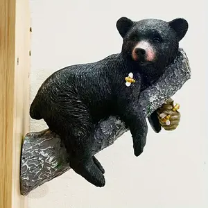 Wall-Mounted Resin Black Bear Cub Sculpture - Universal Holiday Theme Outdoor Home & Garden Tree Branch Animal Decor - Tree Trunk Bear Ornament for Courtyard & Patio Without Electricity Requirements