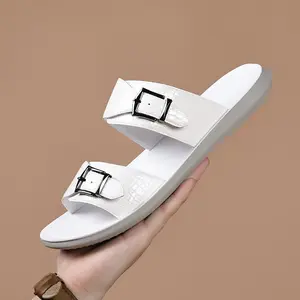Comfortable Men's Double Buckle Slide Sandals with Textured Upper Straps Stylish Lightweight Summer Casual Shoes Open Toe Design Cushioned Sole for Beach Vacation Daily Wear and Travel Adjustable Fit