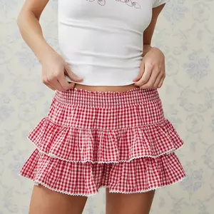 Womens Tiered Ruffled Short Skirts Plaid Print Smocked Waist Lacy Trim Cute Mini Skirts