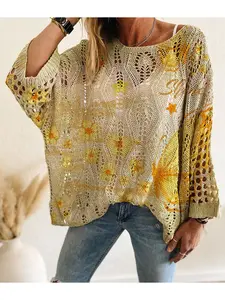 Spring/Summer style, boat neck, diamond hollow out, batwing drop shoulders, loose fit, yellow gradient patchwork with butterfly print, long-sleeve women's knit top, vacation style, casual elegant commute, ladies' vest cover-up, bikini cover-up.