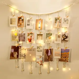 Macrame Hanging Photo Display Boho Wall Decor Picture Christmas Card Holder with String Lights Photo Hanger with 50 Clips for Room Dorm Nursery Home Decor Teenage Teen Girl Gifts